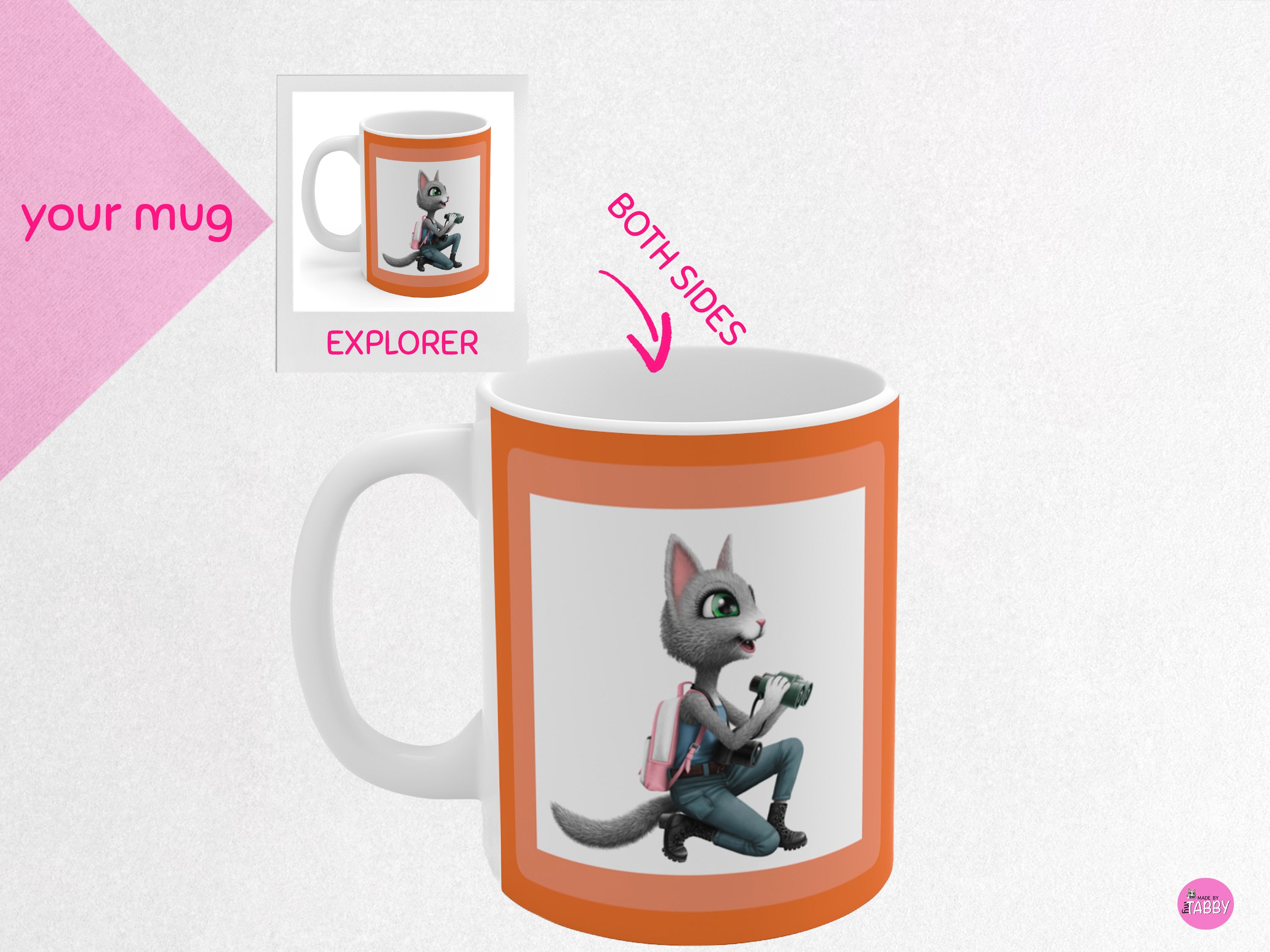 myTabby EXPLORER 11oz Coffee, Tea or Hot Chocolate Mug, CUSTOM text & background colour